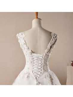 Lace V-neck Sweep Train Ball Gown Wedding Dress with Pearls