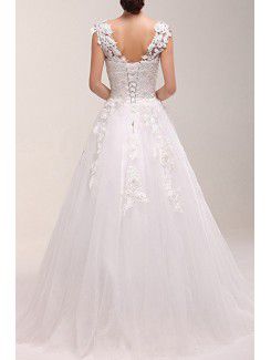 Lace V-neck Sweep Train Ball Gown Wedding Dress with Pearls