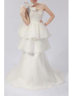 Organza One Shoulder Sweep Train Ball Gown Wedding Dress with Crystal