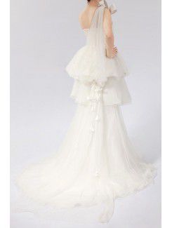 Organza One Shoulder Sweep Train Ball Gown Wedding Dress with Crystal