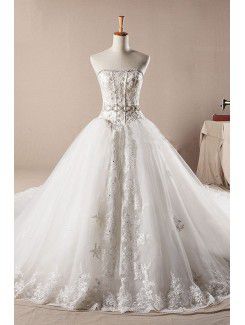 Net Scoop Cathedral Train Ball Gown Wedding Dress with Crystal