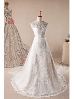 Lace Jewel Sweep Train A-line Wedding Dress