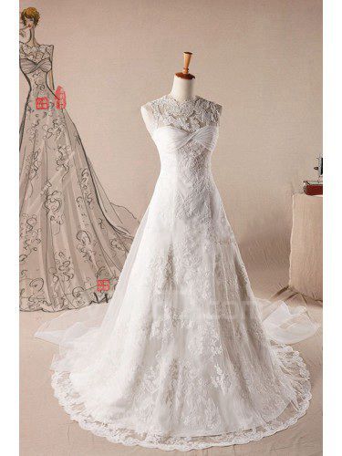 Dentelle train de balayage bijou robe de mariée a-ligne