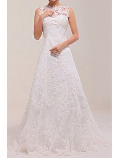 Lace Jewel Sweep Train A-line Wedding Dress