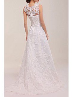 Lace Jewel Sweep Train A-line Wedding Dress