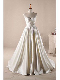 Raso senza spalline sweep treno a-line abito da sposa con perle