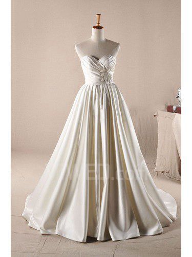 Satin Sweetheart Sweep Train A-line Wedding Dress with Pearls