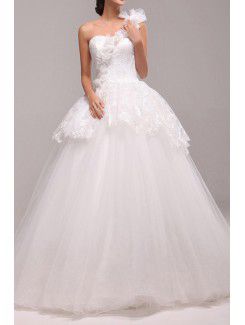 Lace One Shoulder Floor Length Ball Gown Wedding Dress with Handmade Flowers