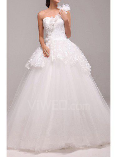 Lace One Shoulder Floor Length Ball Gown Wedding Dress with Handmade Flowers