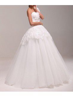 Lace One Shoulder Floor Length Ball Gown Wedding Dress with Handmade Flowers