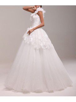 Lace One Shoulder Floor Length Ball Gown Wedding Dress with Handmade Flowers