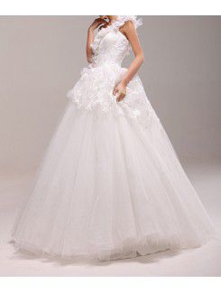 Lace One Shoulder Floor Length Ball Gown Wedding Dress with Handmade Flowers