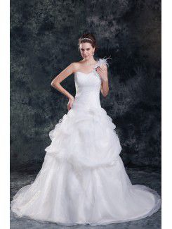 Organza One-Shoulder Sweep Train A-line Feather Wedding Dress