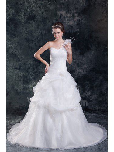 Organza monospalla spazzare treno a-line abito da sposa piuma