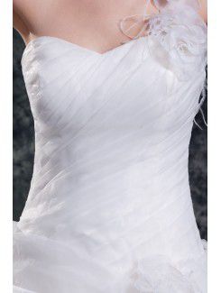 Organza One-Shoulder Sweep Train A-line Feather Wedding Dress