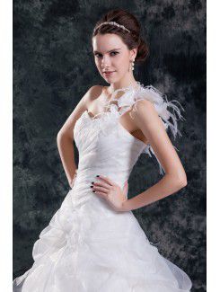 Organza One-Shoulder Sweep Train A-line Feather Wedding Dress