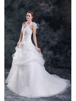 Organza One-Shoulder Sweep Train A-line Feather Wedding Dress