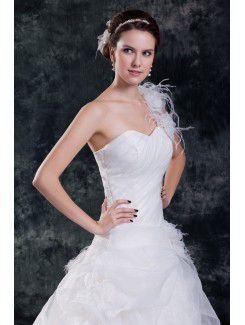 Organza One-Shoulder Sweep Train A-line Feather Wedding Dress