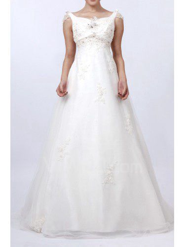 Satin Straps Sweep Train A-line Wedding Dress with Pearls