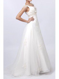 Satin Straps Sweep Train A-line Wedding Dress with Pearls