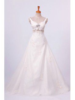 Satin Straps Sweep Train A-line Wedding Dress with Pearls