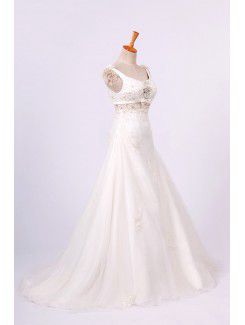 Satin Straps Sweep Train A-line Wedding Dress with Pearls