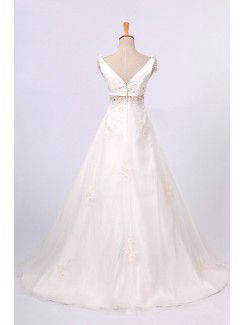 Satin Straps Sweep Train A-line Wedding Dress with Pearls