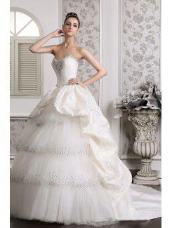 Satin Sweetheart Cathedral Train Ball Gown Wedding Dress with Beading