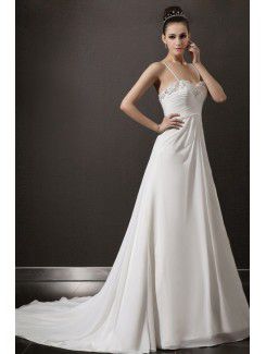 Chiffon di spaghetti cattedrale treno a-line abito da sposa con perline