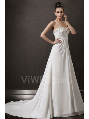 Chiffon Spaghetti Cathedral Train A-line Wedding Dress with Beading