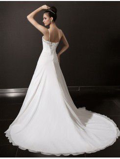 Chiffon Spaghetti Cathedral Train A-line Wedding Dress with Beading