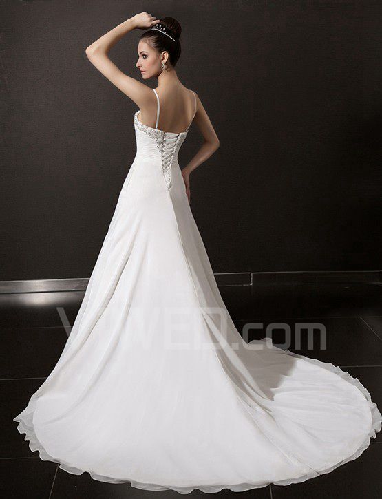 2018 Chiffon Spaghetti Cathedral Train A-line Wedding Dress with Beading