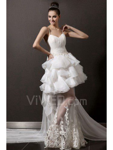 Organza Spaghetti Cathedral Train Ball Gown Wedding Dress with Beading