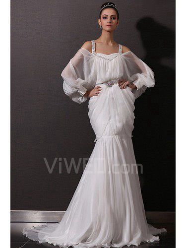 Spalline in chiffon cappella treno abito da sposa sirena con bordatura