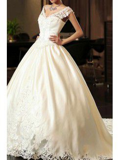 Satin V-neck Cathedral Train Ball Gown Wedding Dress with Pearls