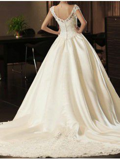 Satin V-neck Cathedral Train Ball Gown Wedding Dress with Pearls