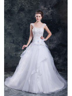 Organza Straps Sweep Train A-line Embroidered Wedding Dress