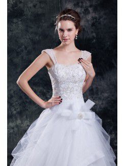 Organza Straps Sweep Train A-line Embroidered Wedding Dress