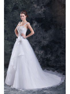 Organza Straps Sweep Train A-line Embroidered Wedding Dress