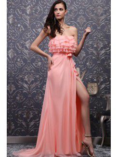 Chiffon strapless sweep train a-lijn bruidsjurk met handgemaakte bloemen