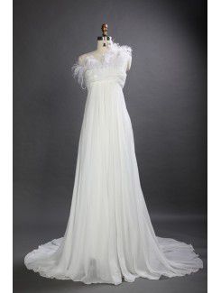 Un train chapelle robe de mariée en mousseline de soie empire d' épaule avec la plume