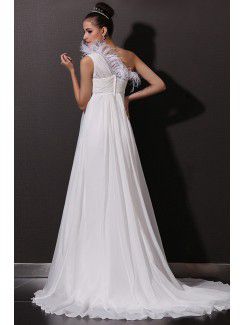 Chiffon One Shoulder Chapel Train Empire Wedding Dress with Feather