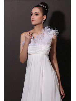 Chiffon One Shoulder Chapel Train Empire Wedding Dress with Feather