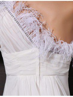 Chiffon One Shoulder Chapel Train Empire Wedding Dress with Feather