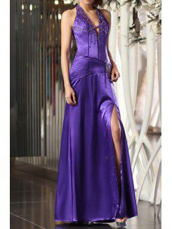 Satin Halter Floor Length A-line Wedding Dress with Beading