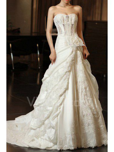 Satin Scoop Chapel Train A-line Wedding Dress with Beading