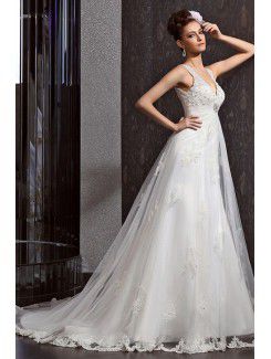 Lace V-neck Chapel Train A-line Wedding Dress with Beading