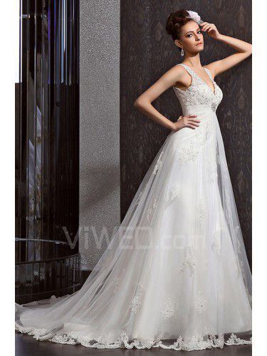 Lace V-neck Chapel Train A-line Wedding Dress with Beading