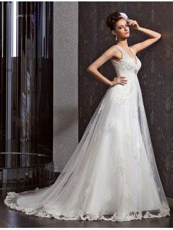 Lace V-neck Chapel Train A-line Wedding Dress with Beading