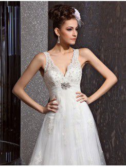 Lace V-neck Chapel Train A-line Wedding Dress with Beading